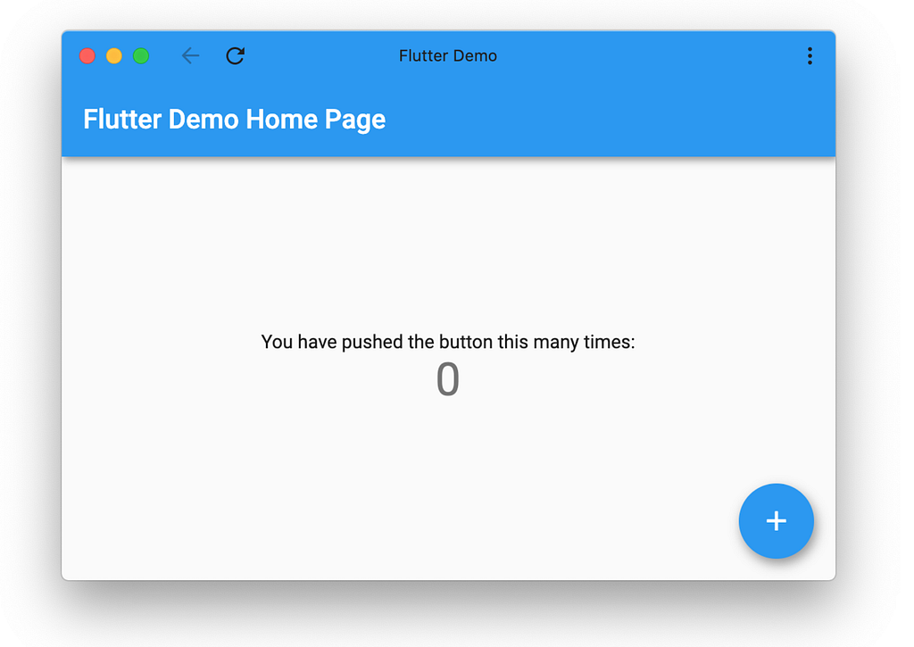 Aplikasi template “counter” Flutter, berjalan sebagai PWA di macOS.