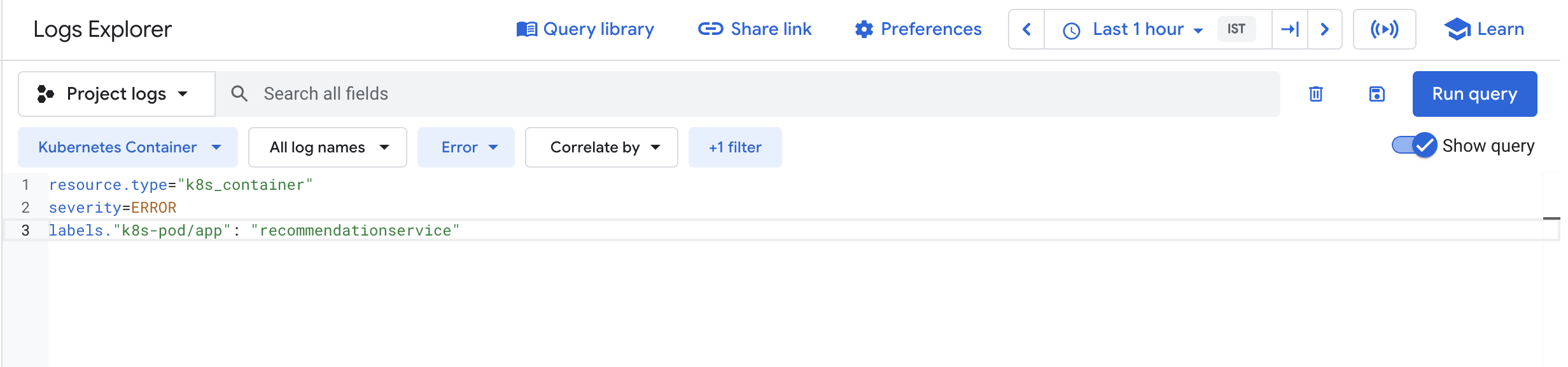 The Query builder page displaying the three lines in the query above