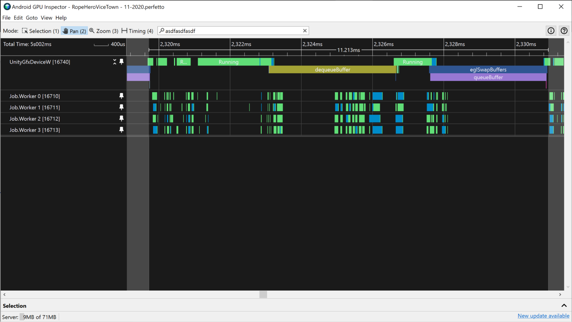 A screenshot of a multithreaded app that has other working threads while the main thread is idle.