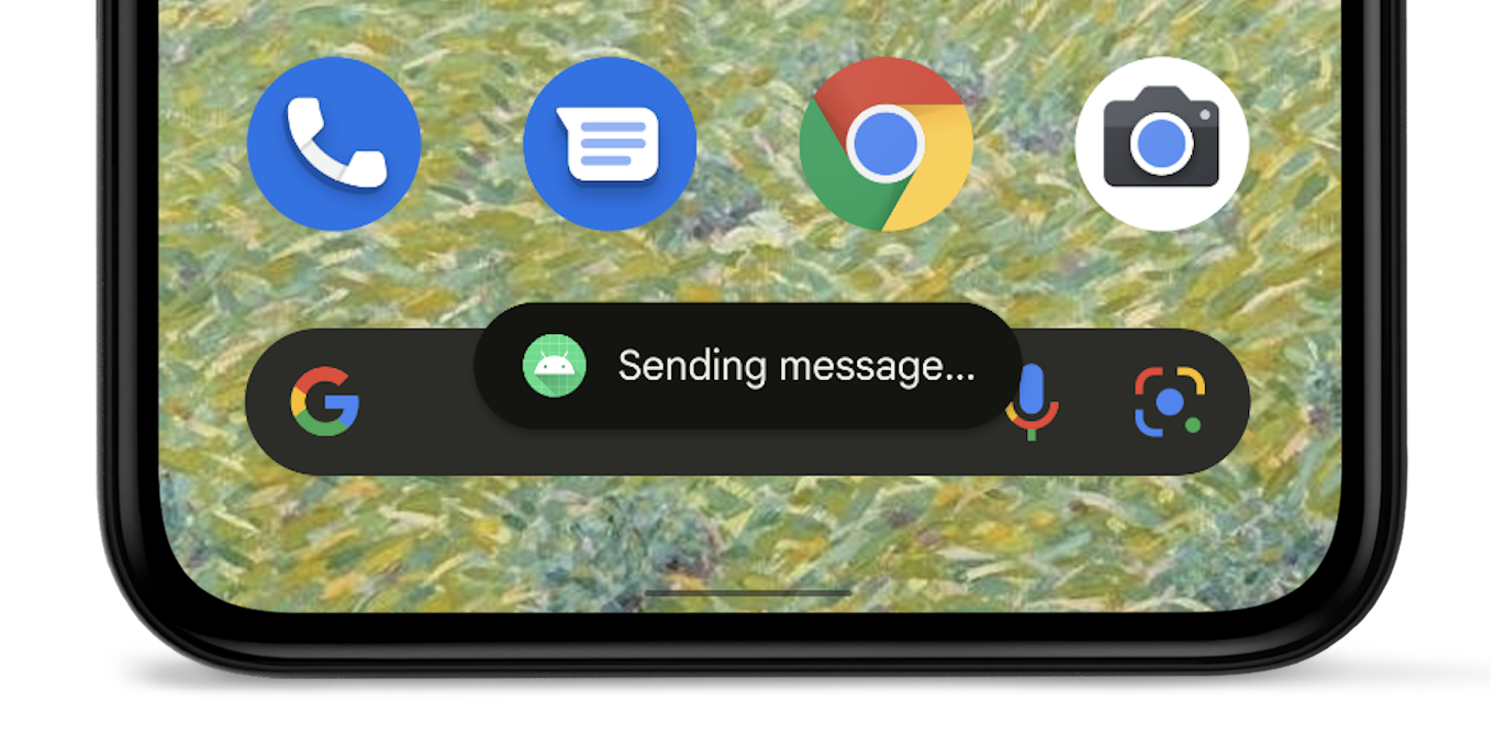 Immagine di un dispositivo Android che mostra un popup toast con il testo
            &quot;Invio messaggio&quot; accanto all&#39;icona di un&#39;app