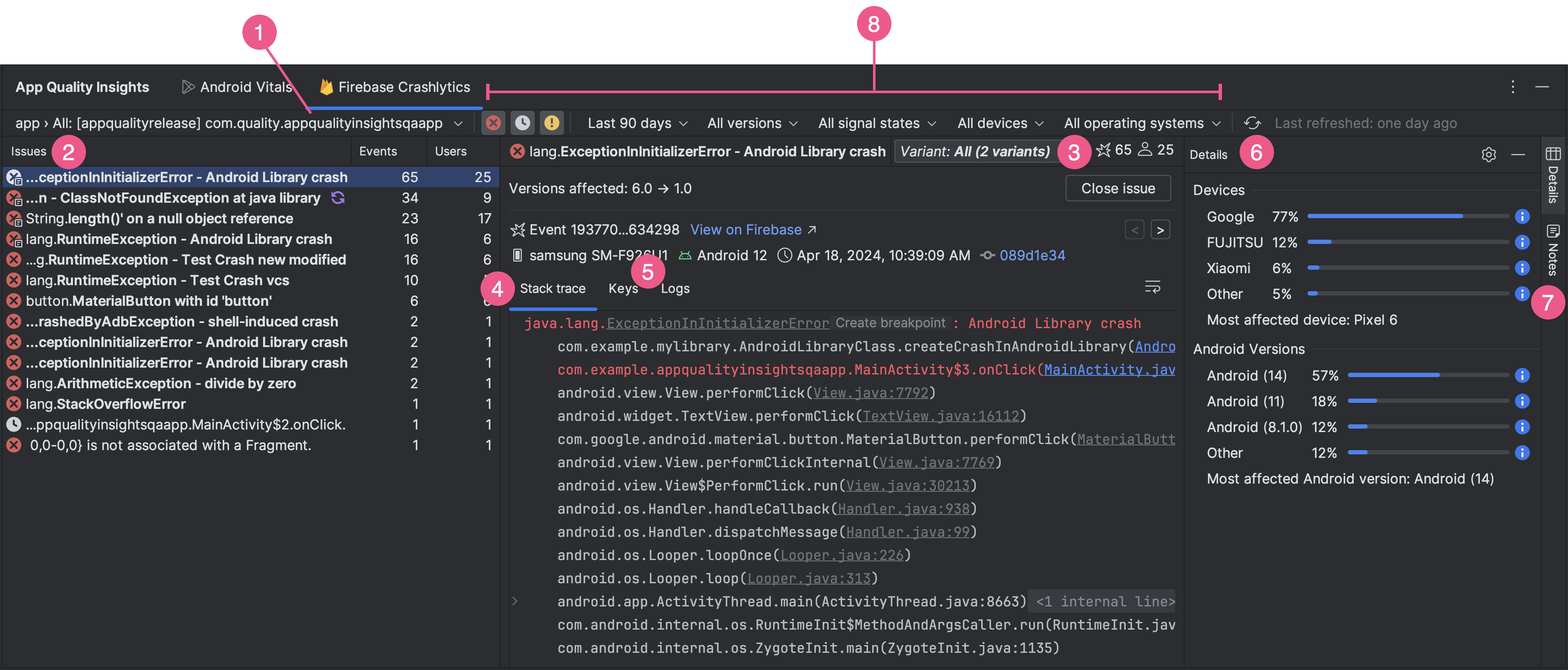 Fenster des App Quality Insights-Tools