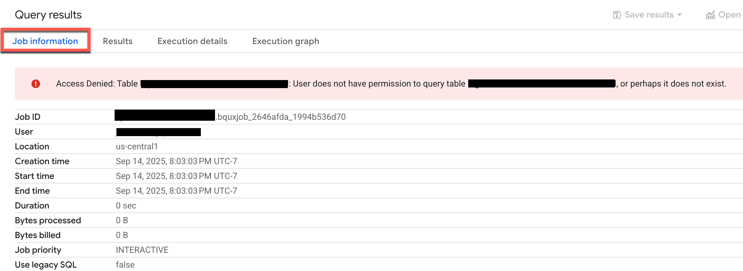 An access denied error on the Job Information tab in the Query Results section.