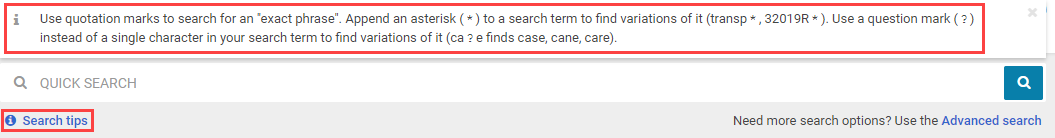 Screenshot showing where the search tips can be found