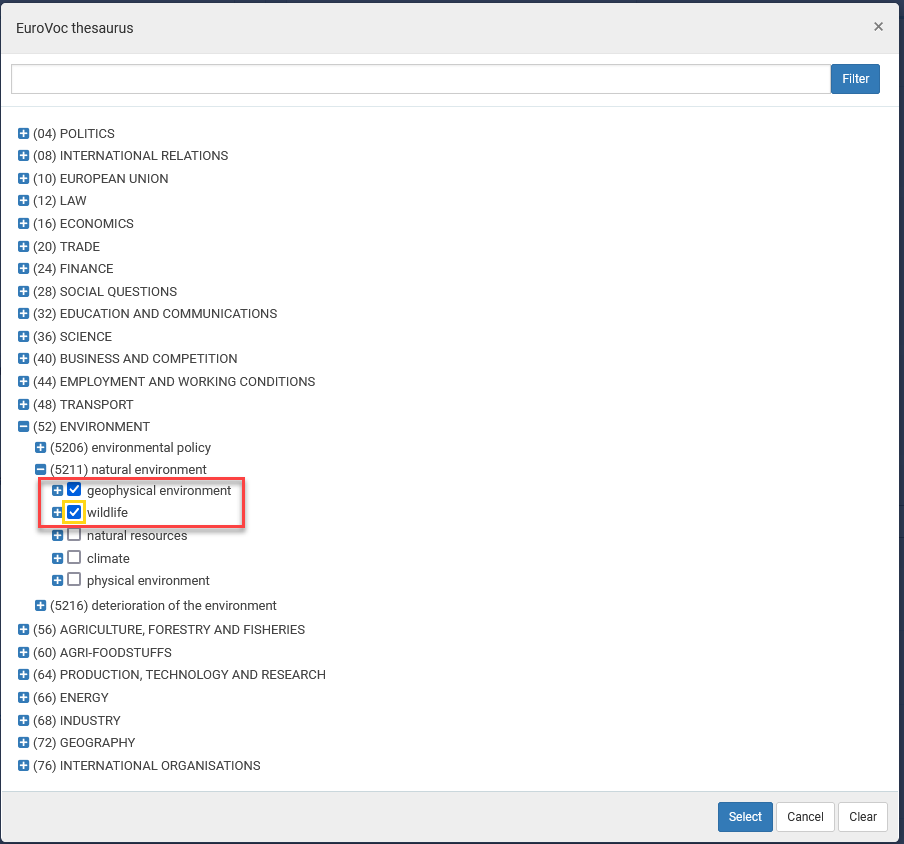 Screenshot showing how to select one or several topics in the thesaurus