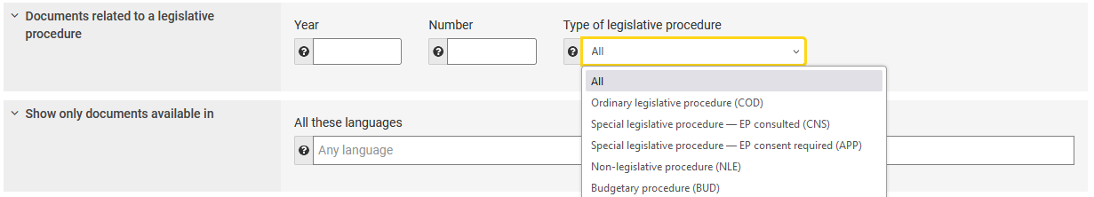 Screenshot showing where you can select the type of legislative procedure