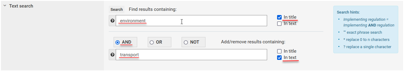 Screenshot showing how to search by specific terms in title and text