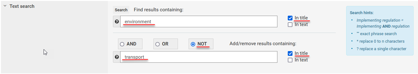 Screenshot showing how to search by a specific term in the tile and excluding a specific term in the text