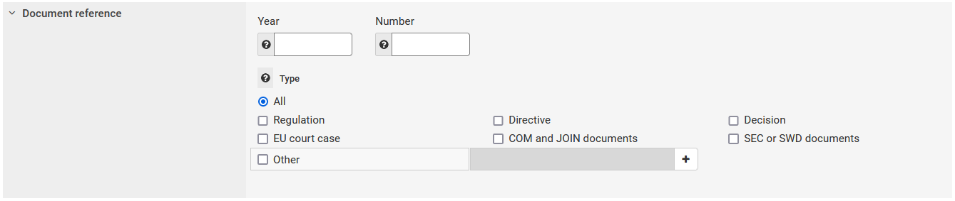 Screenshot showing how to search by a year, a document number or a type of document