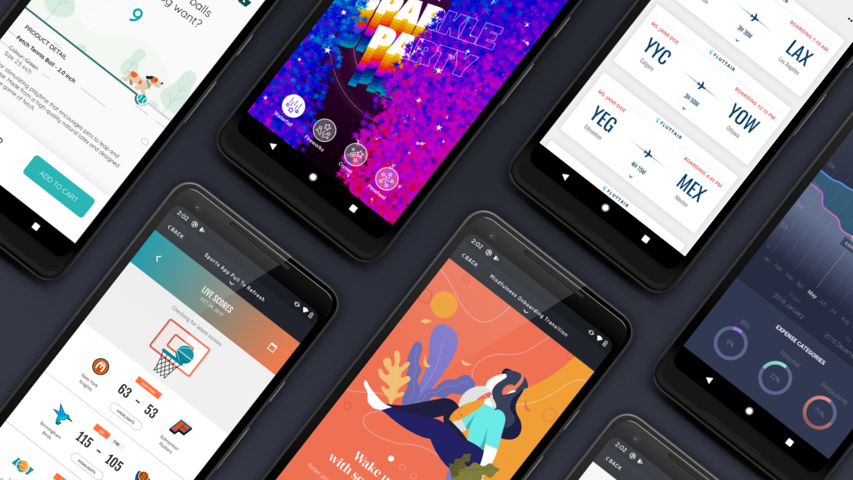 Screenshots of mobile devices running Flutter apps with Flutter Vignettes