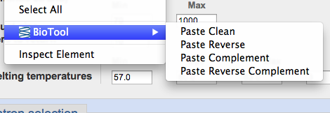 BioTool at work in a context menu