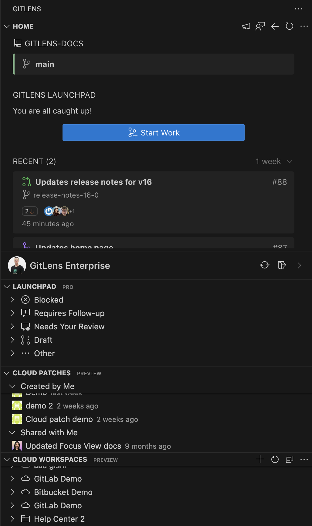 GitLens sidebar showing Home view