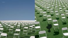 there are many white folding chairs on the grass and one is in front of an empty field