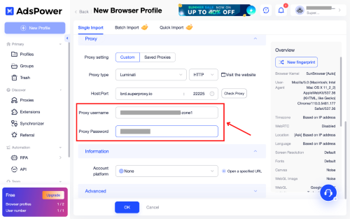 AdsPower new browser profile setup page.