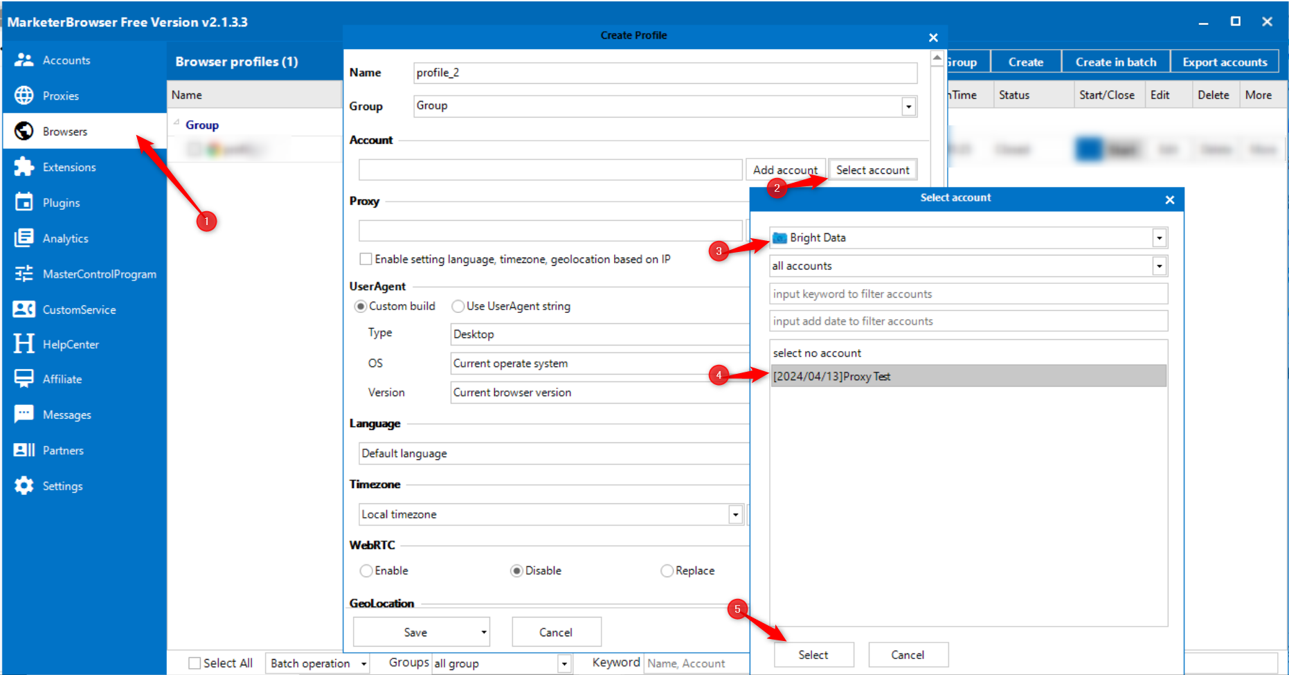 Software-Benutzeroberfläche zum Erstellen eines Browserprofils.