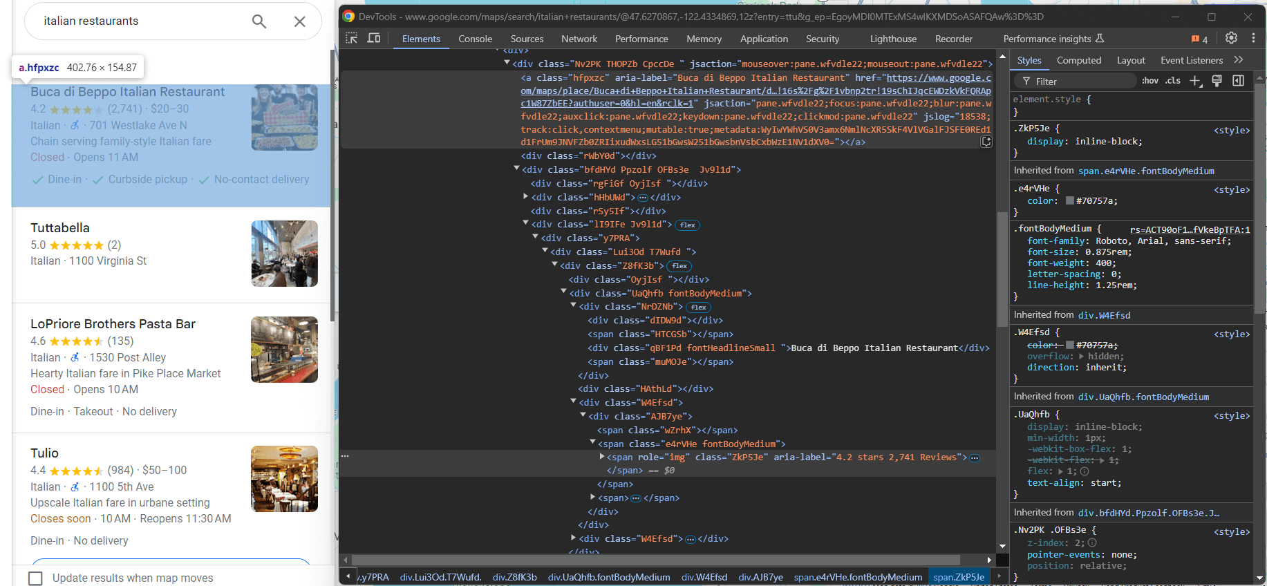 Inspektion eines einzelnen Google-Maps-Elements
