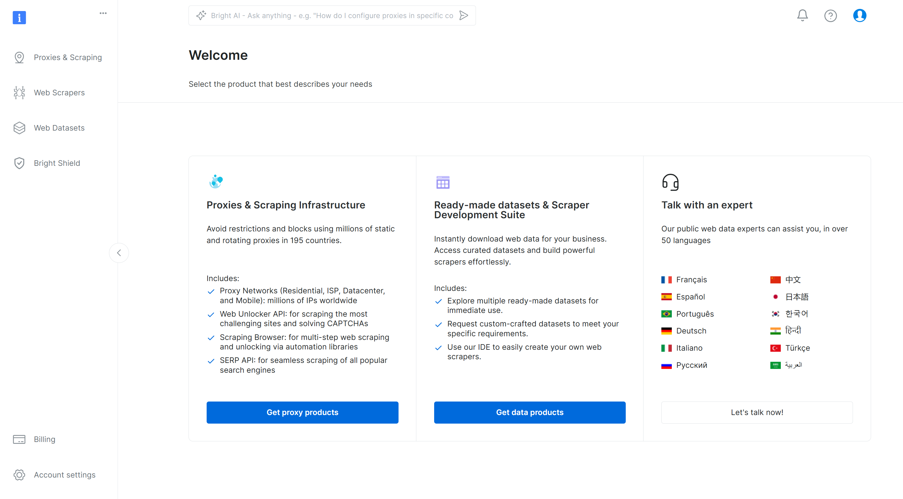 Das Bright Data Dashboard