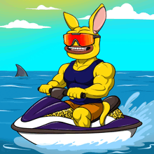 a cartoon of a kangaroo wearing sunglasses riding a jet ski