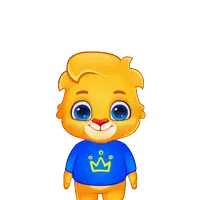 a cartoon lion wearing sunglasses and a blue shirt with a yellow crown on it