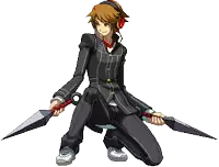 a pixel art drawing of a person kneeling down holding two knives