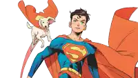a man in a superman costume is flying with a white dog
