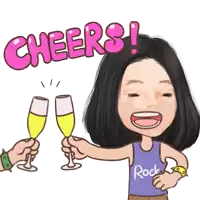 a cartoon of a woman toasting with champagne glasses and the words cheers