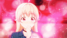 a girl with blonde hair is surrounded by pink hearts