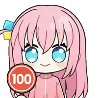 a girl with pink hair and blue eyes is holding a red sign that says 100