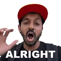 a man with a beard wearing a red hat and a black shirt says alright