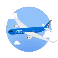 a blue ita airways airplane is flying through the air