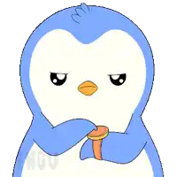 a blue and white penguin is holding a watch in its hand and the word penguin is on the bottom