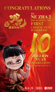 congratulations to ne zha 2 for becoming the first chinese film to surpass $10 billion