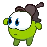 a green cartoon character with blue eyes and a hat on