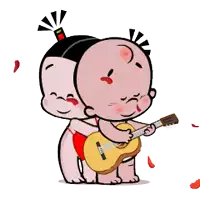 a cartoon boy is holding a guitar while a girl hugs him .