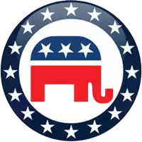 a red white and blue circle with stars and an elephant in the center