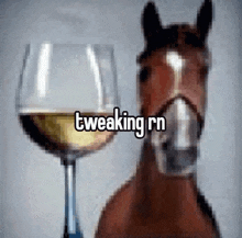 a horse is standing next to a glass of wine with the words tweaking rn written on it