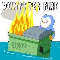a penguin is sitting on a dumpster fire