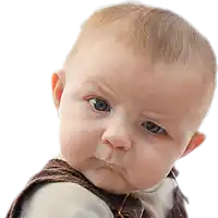 a baby making a funny face with his head on his shoulder