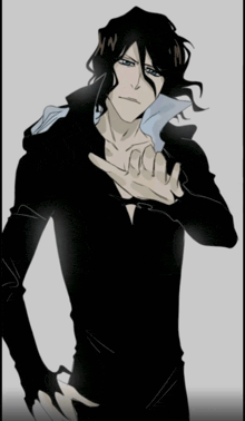 a drawing of a man with long black hair and a white shirt