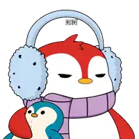 a penguin wearing ear muffs and a scarf with the word mom on its head