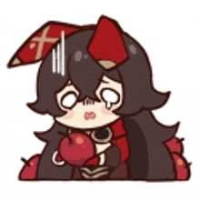 a cartoon girl is holding a red apple in her hand .