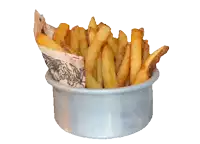 a bowl of french fries with a newspaper on the side