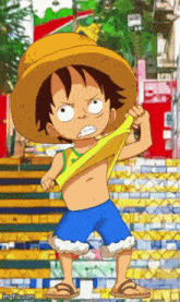 luffy from one piece is standing on a set of stairs and taking off his shirt .
