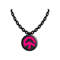 a necklace with a pink arrow and a black circle pendant on a chain .