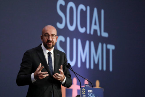Charles Michel gestures while delivering a speech.