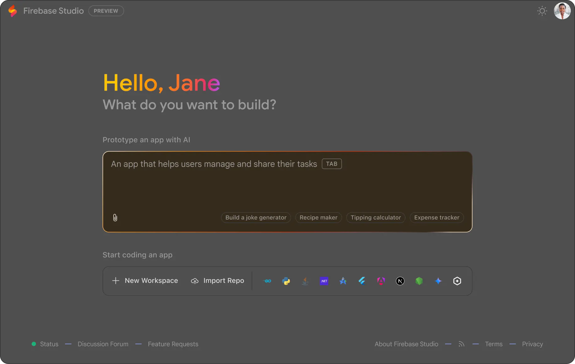 Firebase Studio welcome screen