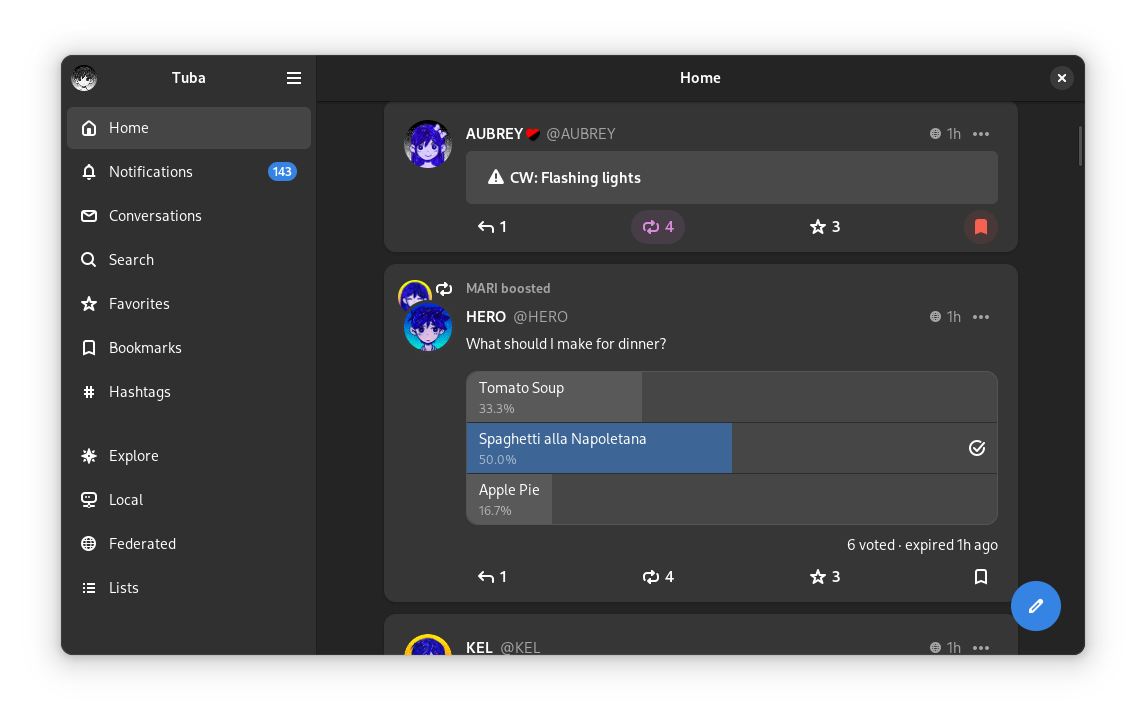 Screenshot of the Tuba app in your device's theme mode (it toggles between dark and light mode) in large window size view. The current view is the main one on the 'Home' tab. 2 more posts are visible now by the users HERO and KEL. The screenshot showcases: 1. poll support, 2. user mentions in posts, 3. large window size.