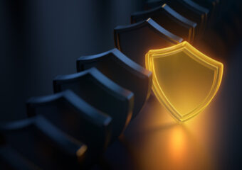 Security concept. Glowing shield icon. Modern futuristic technology background. 3D render