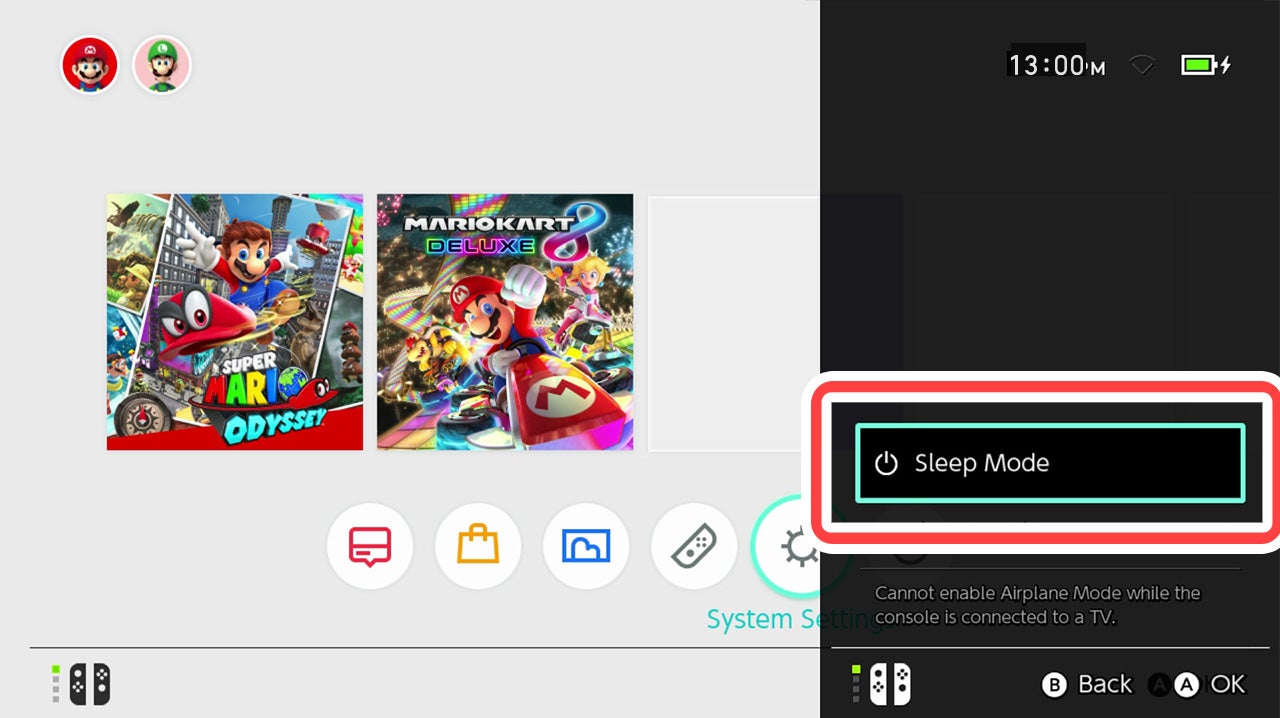 HOME 버튼을 1초 이상 누르면 퀵 설정이 표시됩니다. 「슬립 모드(Sleep Mode)」를 누르면 슬립모드로 변경됩니다.