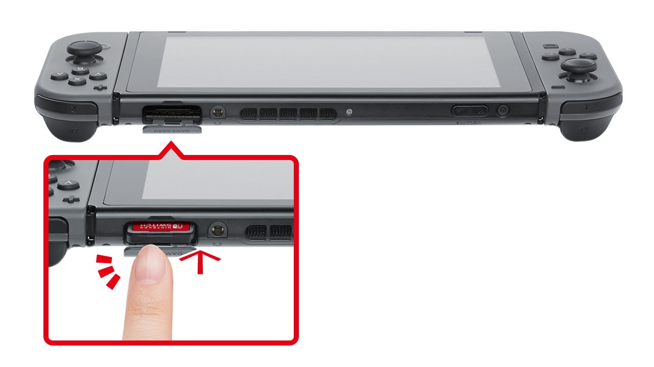 본체에서 게임 카드를 빼려면 게임 카드 슬롯 커버를 열고 게임 카드를 안쪽으로 한 번 누른 후에 뽑아 주십시오.