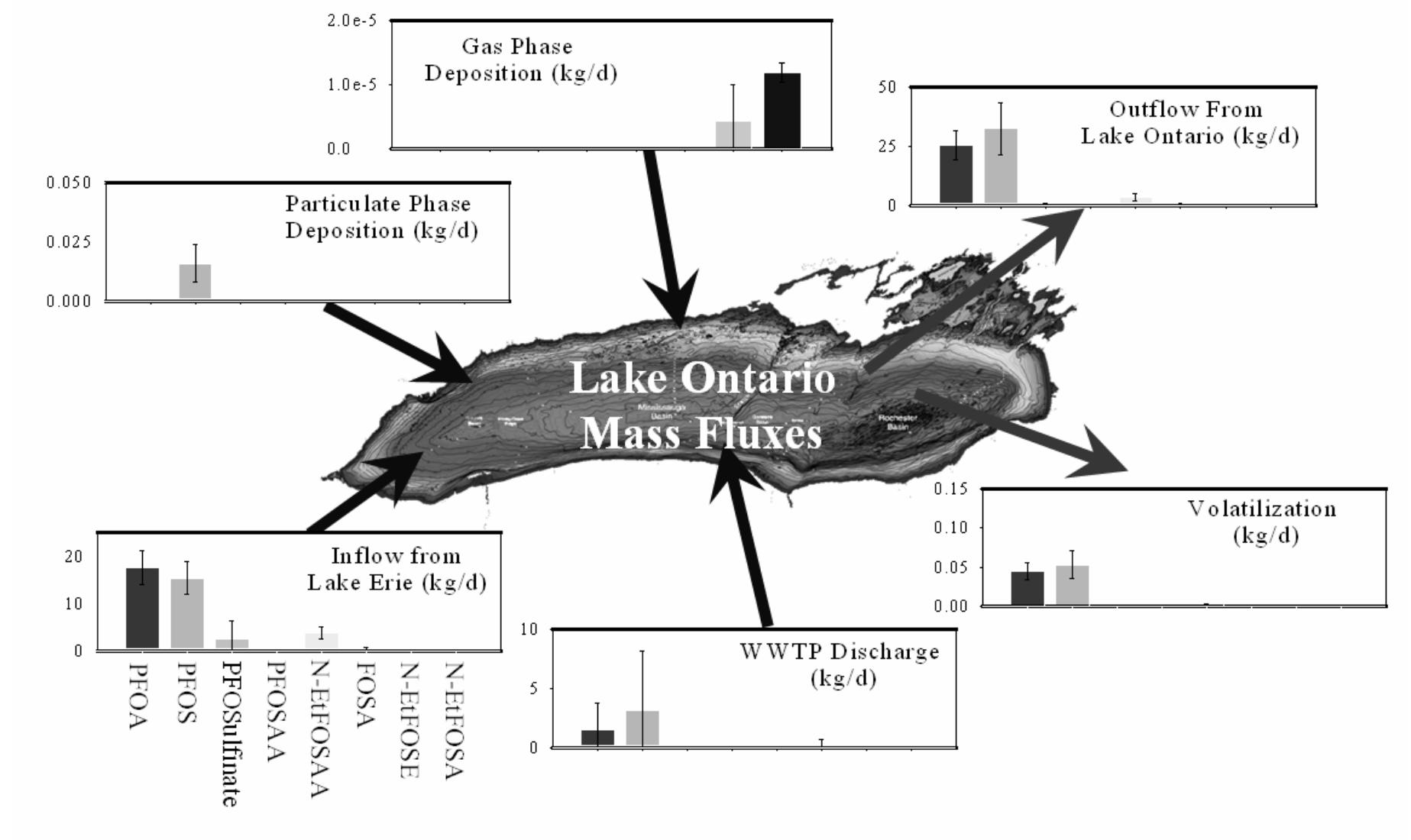 The source of perflorinated compounds to the wastewater is not clear, especially for PFOS. PFOS was not a reported component of the 3M product but considered a degradation or metabolic byproduct of its parent monomer, N-EtFOSE (N-ethyl perfluorooctane sulfonamidoethanol). We hypothesized that PFOS is present in wastewater due to decay of N-EtFOSE. Through a series of microcosm studies using local wastewater mixed liquor, we found that while N-EtFOSE does decay in wastewater, it does not produce PFOS at a rate that could explain the presence of PFOS in wastewater (Boulanger et al., 2005b) . Our second hypothesis was that PFOS and other compounds measured in Great Lakes water originated from consumer products directly, particularly the 3M product that was removed from the market in 2000: Scotchgard. Analysis of an archived can of Scotchgard indicated the presence of PFOS, PFOA and all the remaining compounds in our analytical method. We concluded that the presence of PFOS in the Great Lakes can at least partly be explained by the use and subsequent disposal of the consumer product.   Figure 3. Mass budget of inputs and losses of eight perfluorinated surfactants measured or modeled in Lake Ontario. From (Boulanger et al., 2005a).  